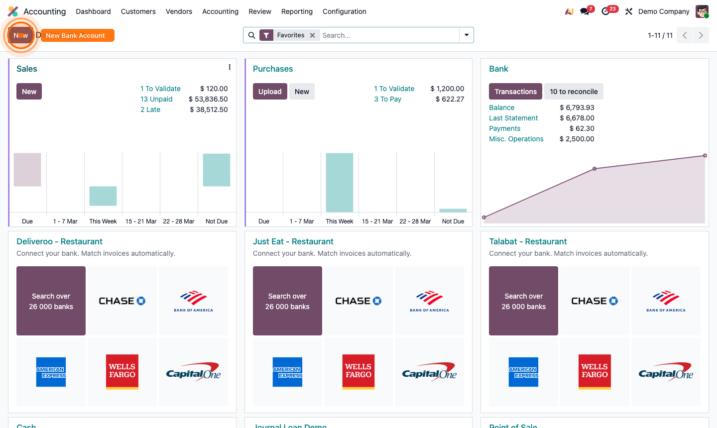 Step 1: Bank account setup showing synchronisation provider search and connect flow