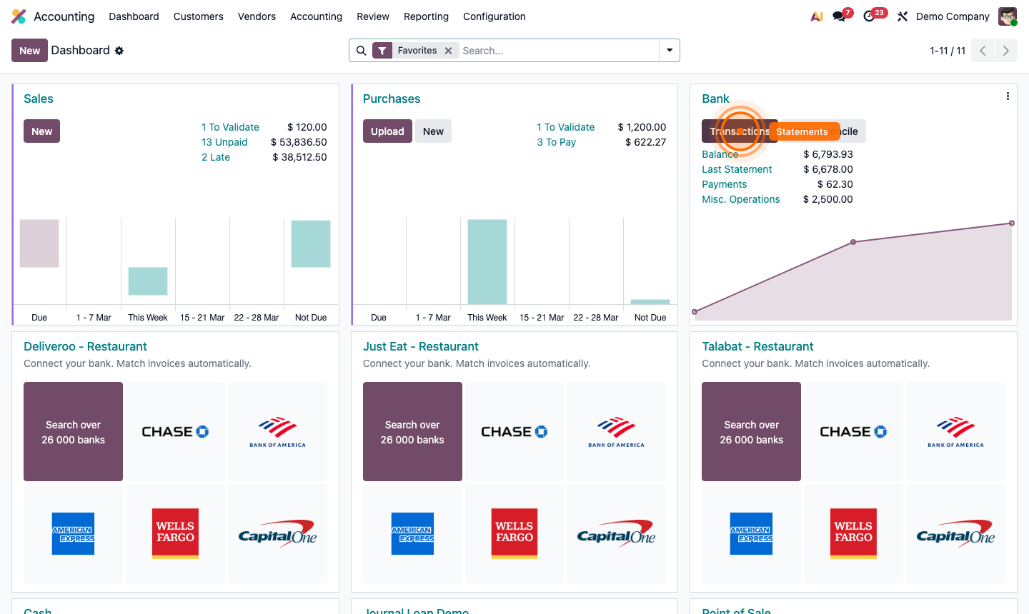 Step 6: Statement validation screen showing bank balance vs Odoo balance comparison