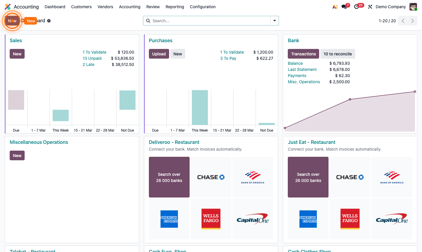 Step 1: Chart of accounts list showing account codes, names, types, and balance columns