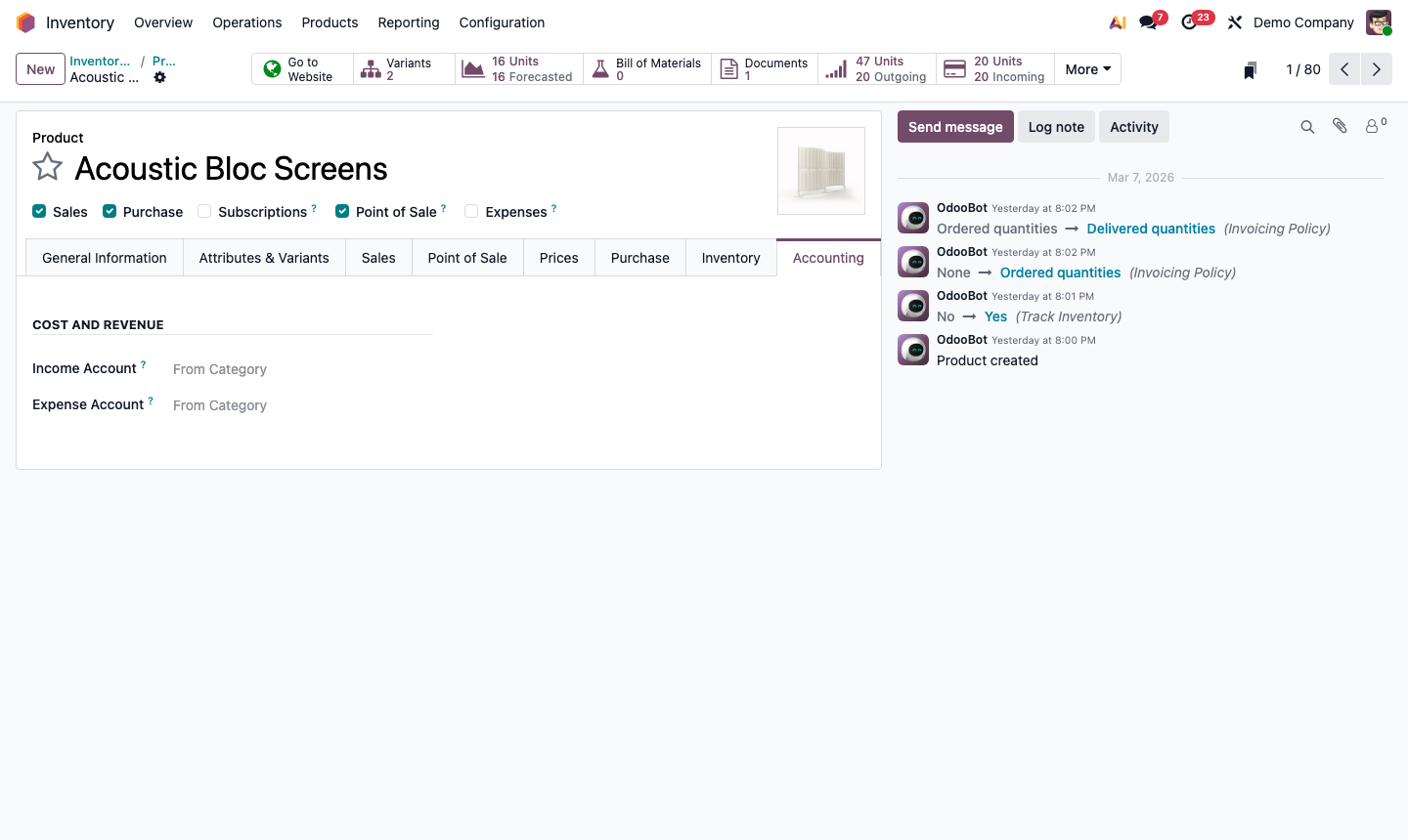 Step 3: Product accounting tab showing income account, expense account, and COGS account fields