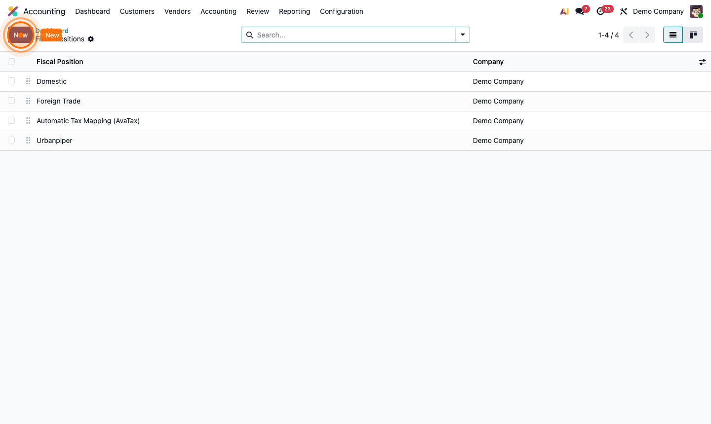 Step 5: Fiscal position form showing auto-detection rules and tax mapping table