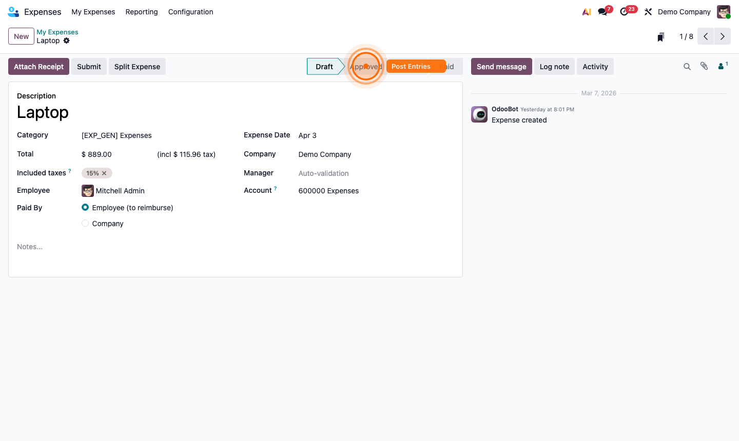 Step 4: Approved expense report with Post Journal Entries button and accounting preview