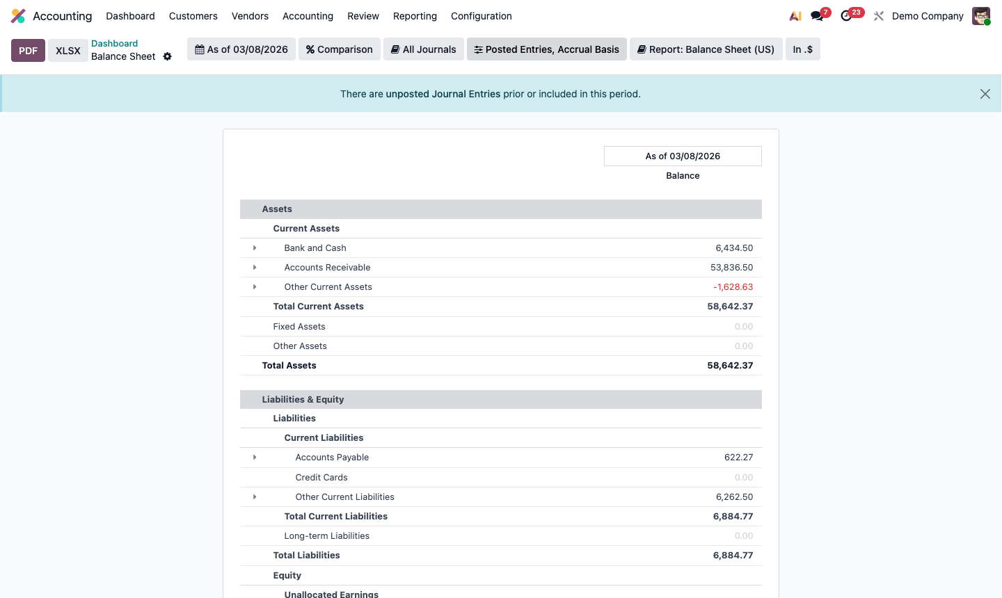 Step 2: Balance sheet report showing assets, liabilities, and equity sections with totals
