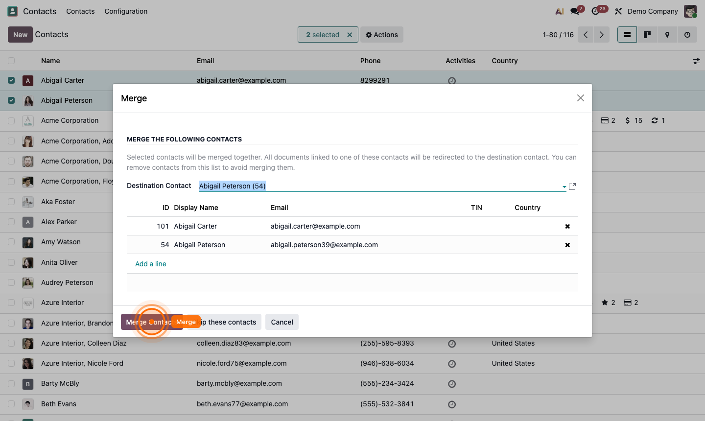 Step 5: Merge contacts dialog showing master contact selection and field comparison
