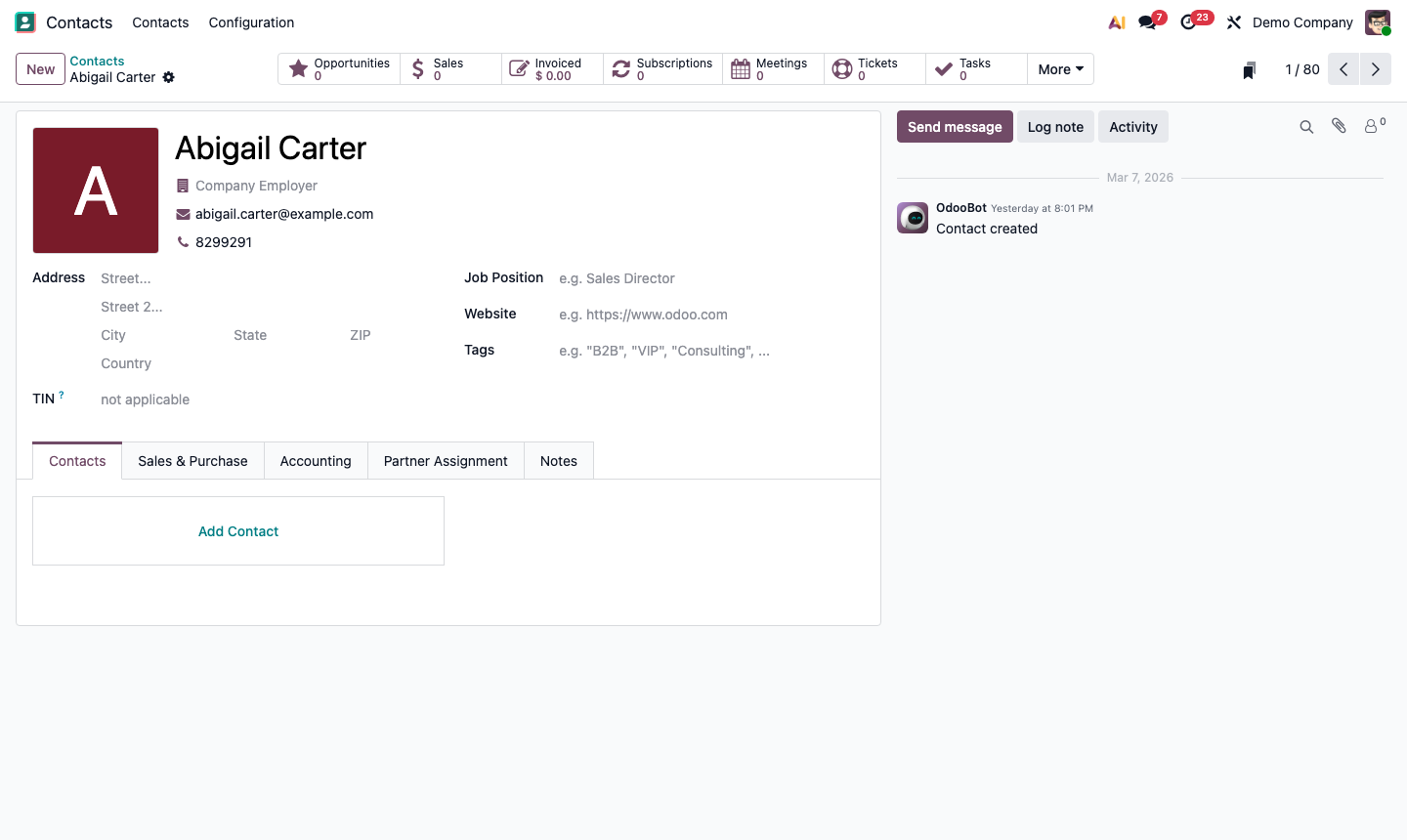 Step 1: Contact record with Tags field showing multiple colour-coded tags applied