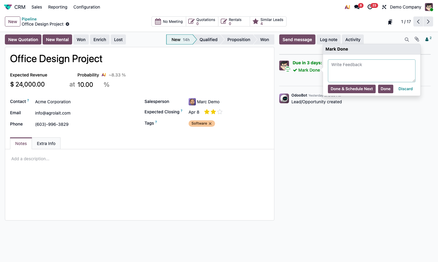 Step 4: Mark done dialog with feedback text field and next activity scheduling