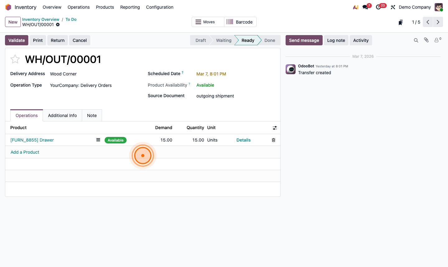 Step 2: Delivery order form showing source document, destination, and product demand list