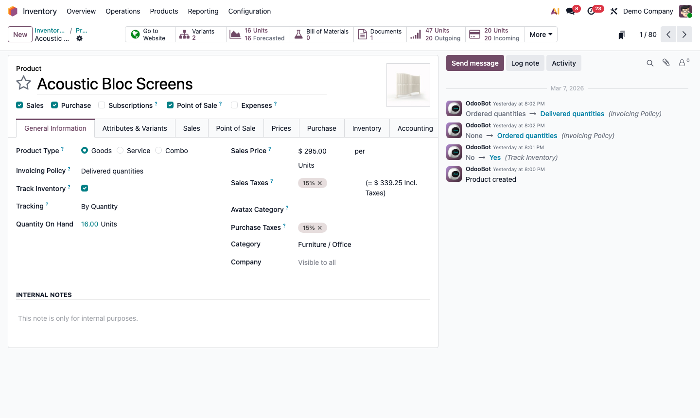 Step 3: Product inventory tab showing routes, tracking, and reordering rule settings