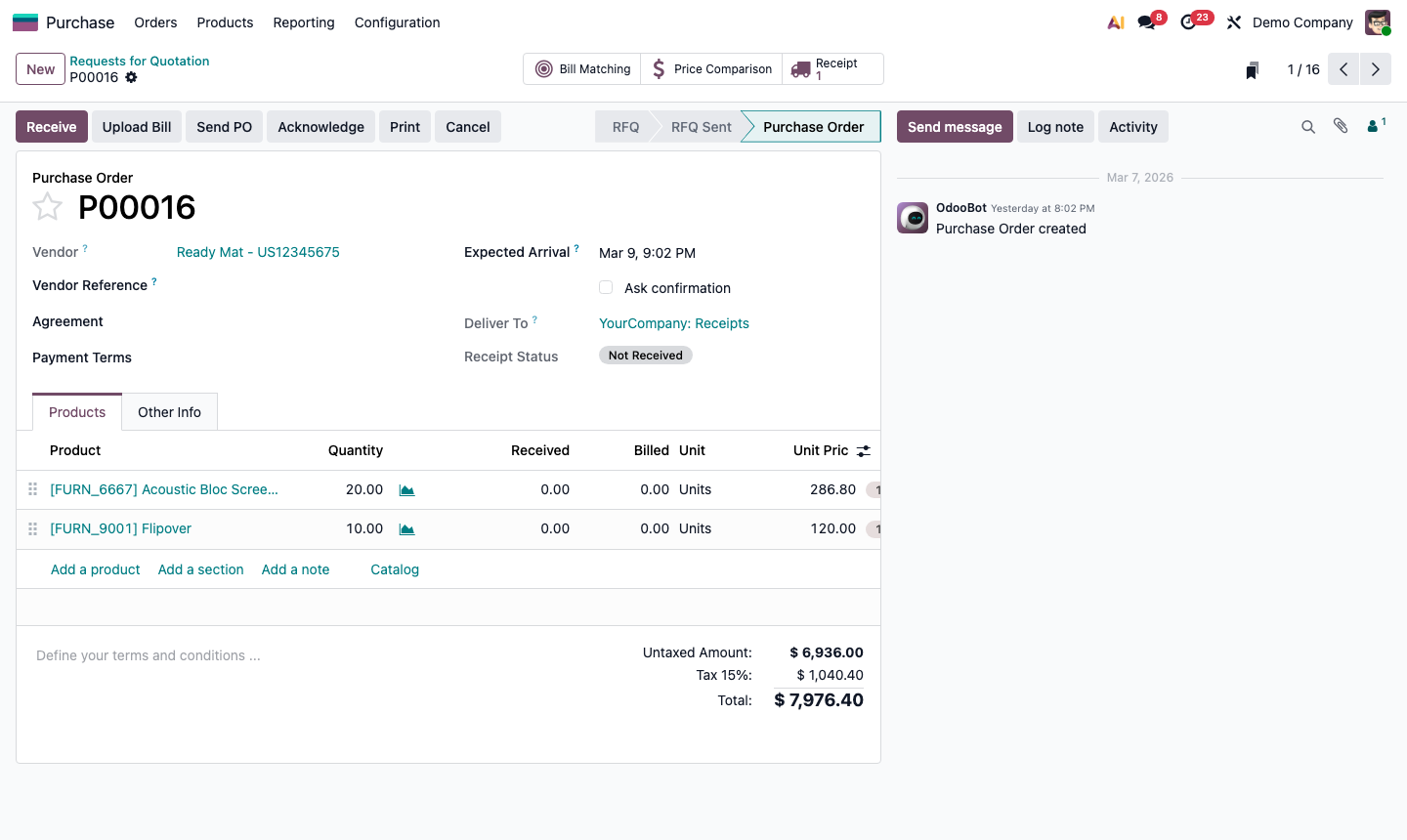 Step 4: Confirmed purchase order with PO number and Receipt smart button