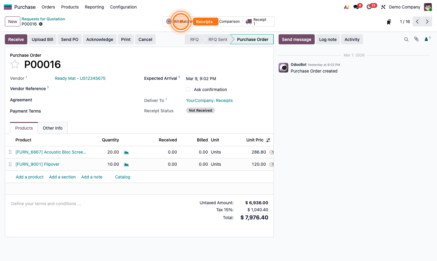 Step 5: Receipt form linked to PO with Demand and Done columns ready to validate