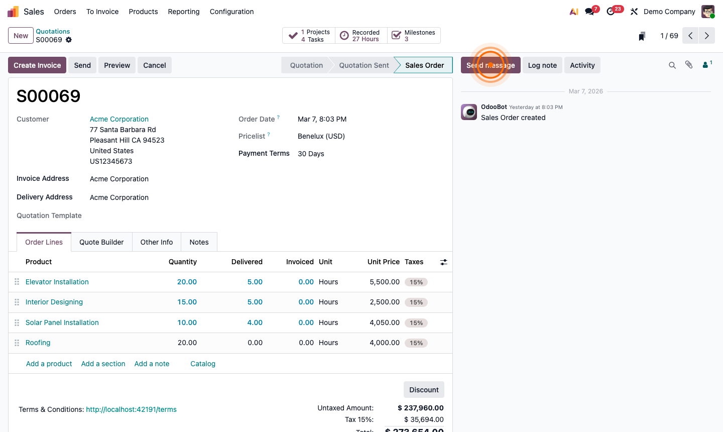 Step 6: Quotation chatter showing portal view event, signature logged, and payment confirmation