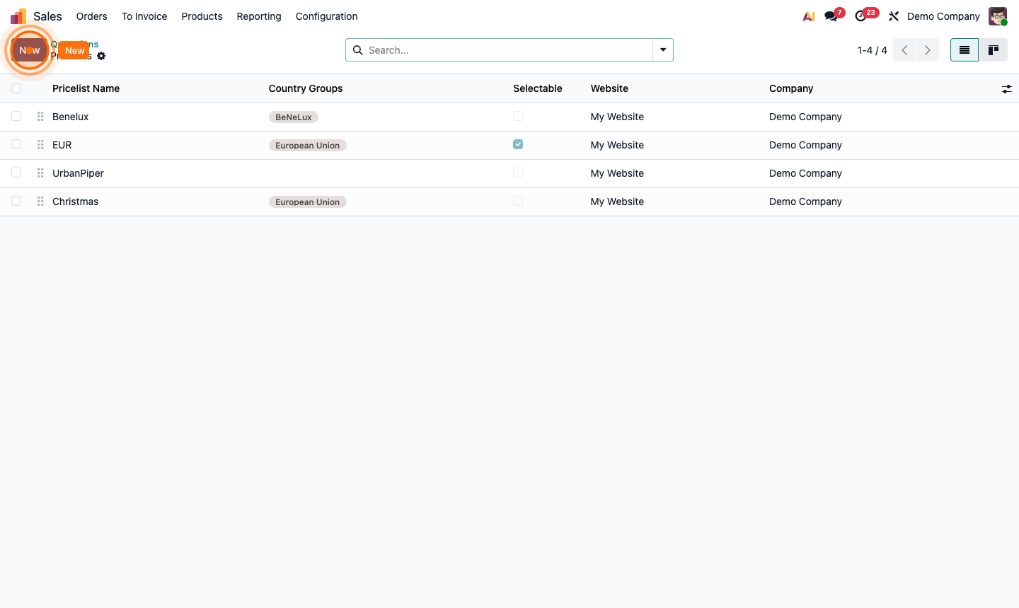 Step 1: Pricelists list showing default pricelist and any custom ones with currency and type