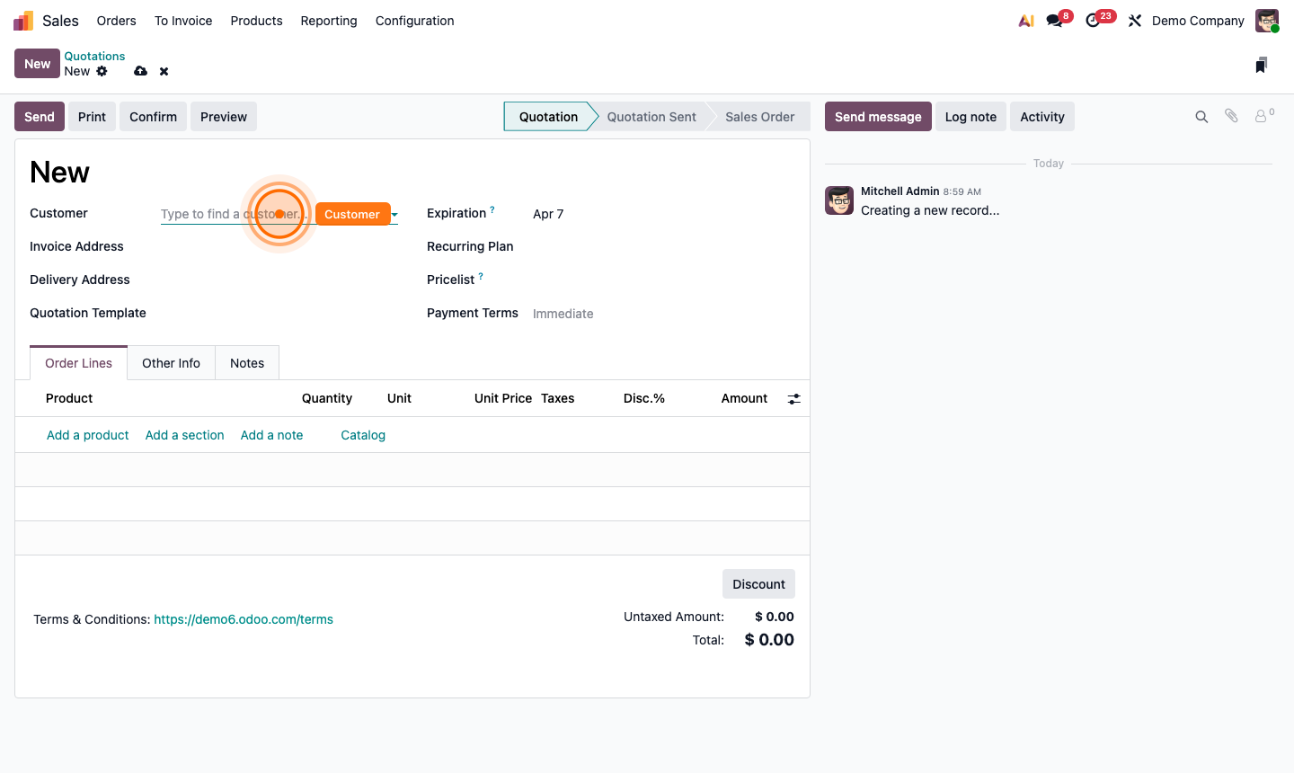 Step 2: New quotation form with customer, expiration, and payment terms fields