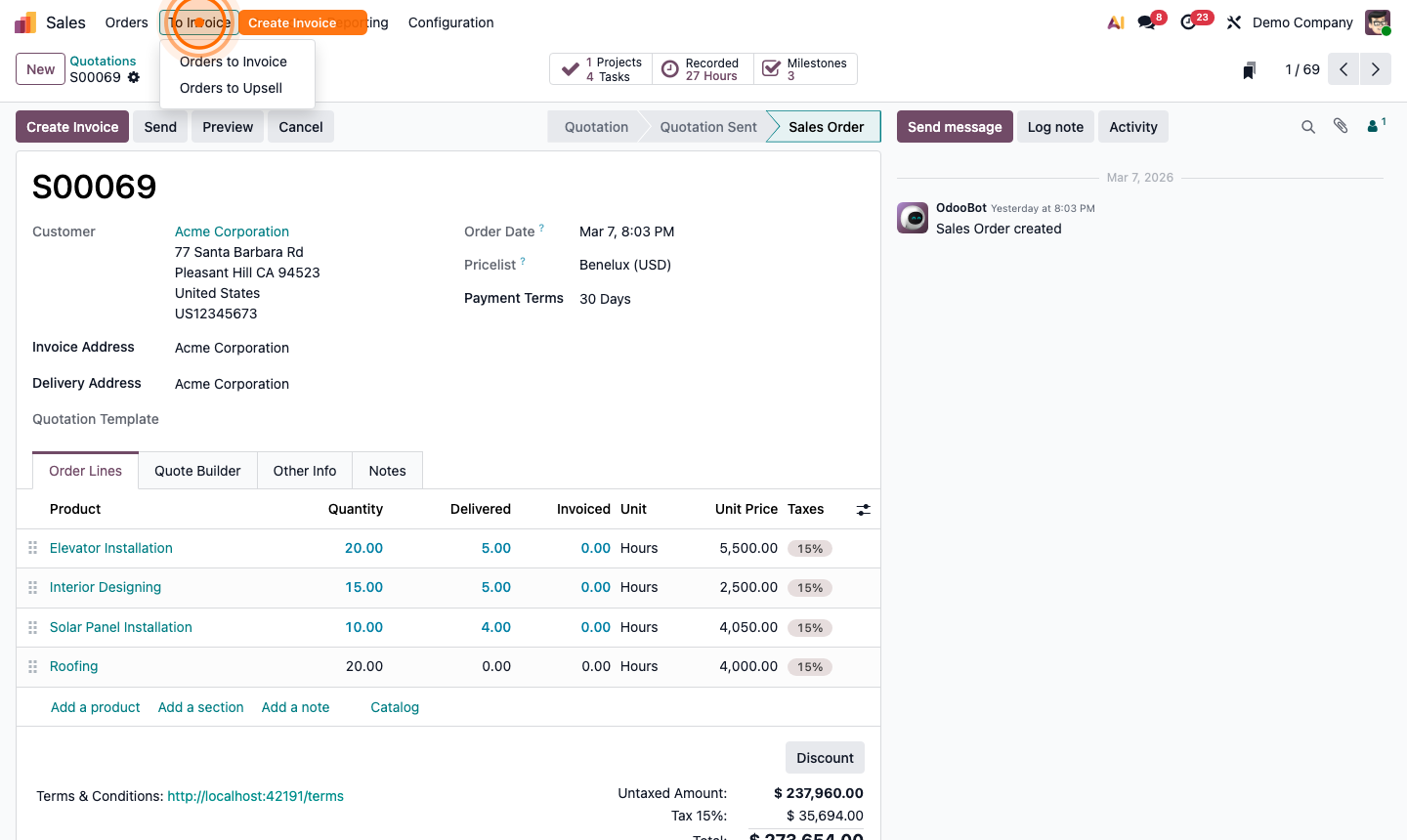 Step 7: Create invoice dialog on sales order with invoice type selection