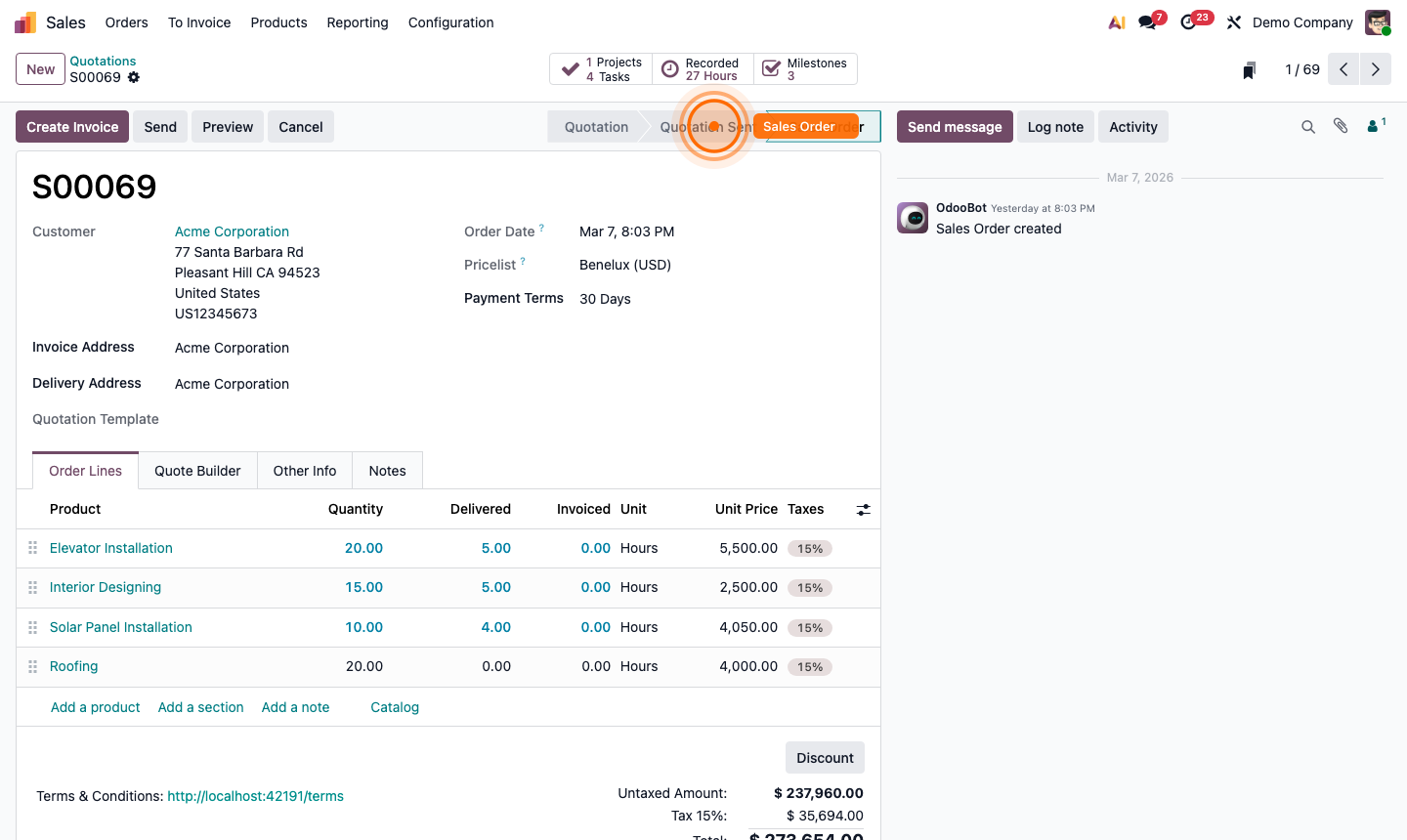 Step 3: Confirmed sales order with recurring product linked to automatically created subscription