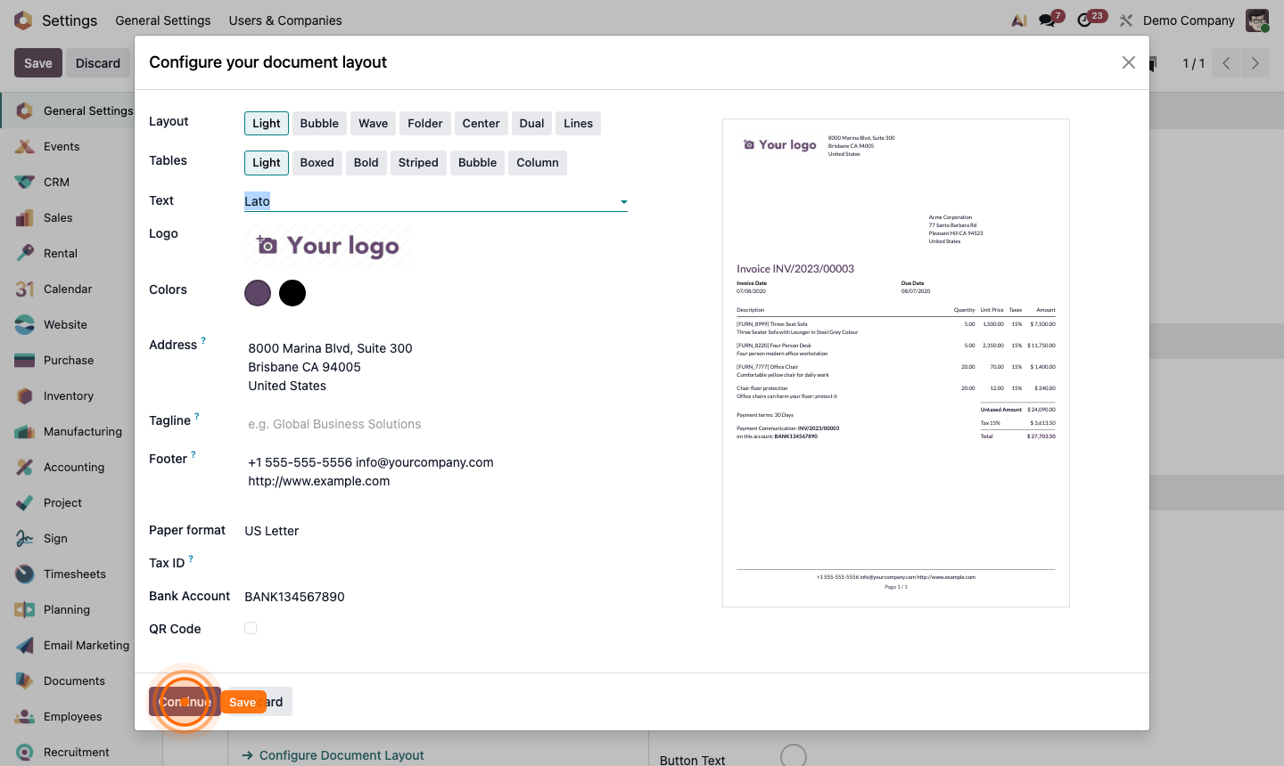 Step 3: Document layout configuration dialog